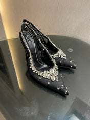 GG HIGH SLINGBACK 105 IN BLACK SATIN WITH CRYSTAL DIAMONDS