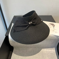 MM OPEN-TOP STRAW HAT IN BLACK WITH LARGE BOW