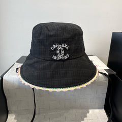 BLACK BUCKET HAT WITH FLORAL BORDER 673996