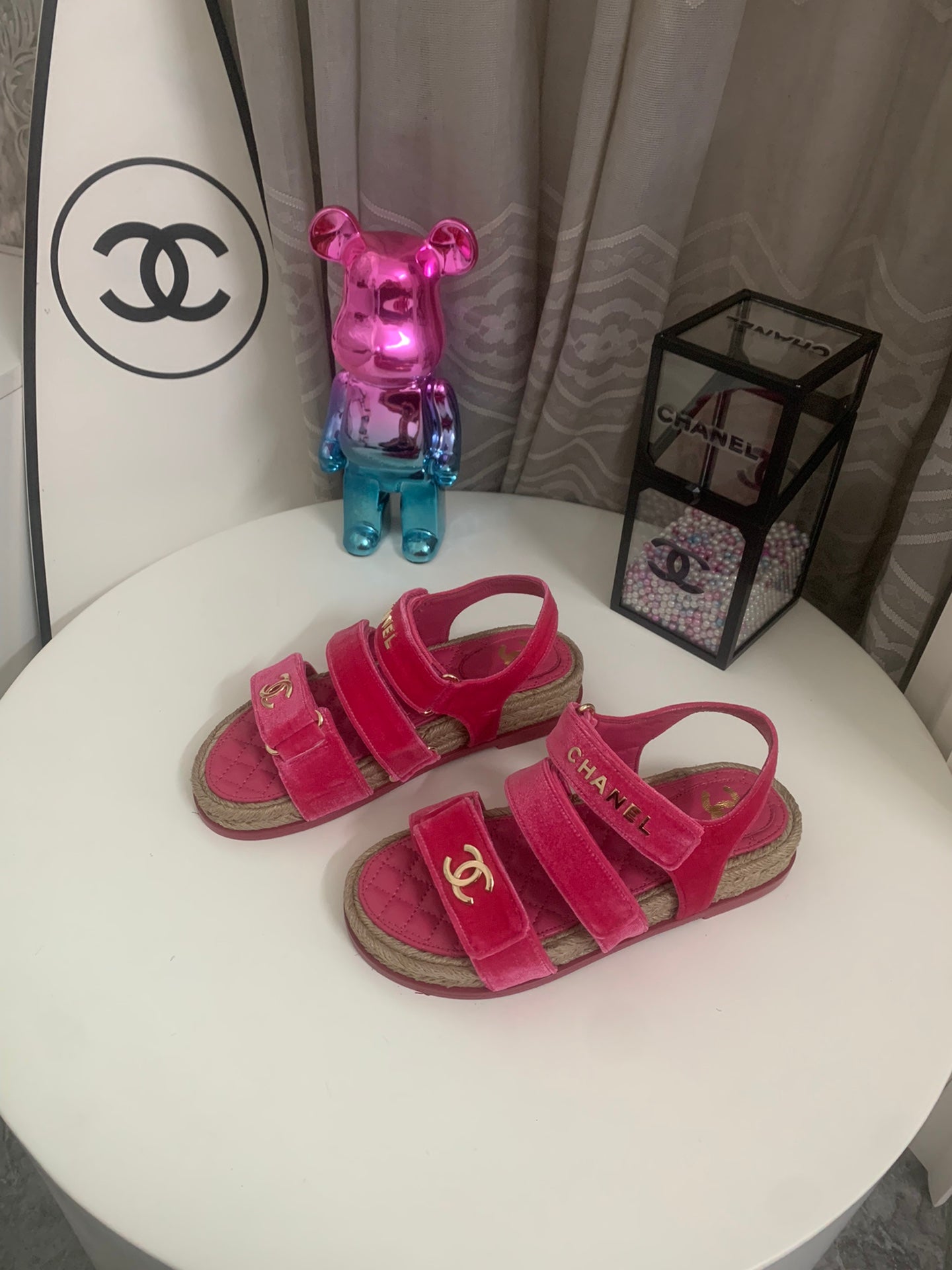 CC DAD SANDALS IN HOT PINK VELVET AND CALFSKIN