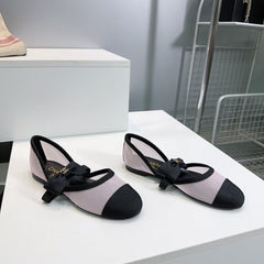 CHANEL FLAT MARY JANE SHOES 25S IN WHITE MIX BLACK MESH FABRIC EMBOSSED LOGO WITH BOW