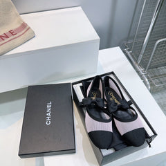 CHANEL FLAT MARY JANE SHOES 25S IN LIGHT PURPLE MIX BLACK MESH FABRIC EMBOSSED LOGO WITH BOW