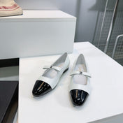 CHANEL FLAT MARY JANE SHOES 25S IN WHITE LAMBSKIN MIX BLACK GLOSSY WITH BOW