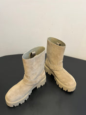 PRADA 25S PLATFORM ANKLE BOOTS IN BEIGE SUEDE WITH GOLD HARDWARE