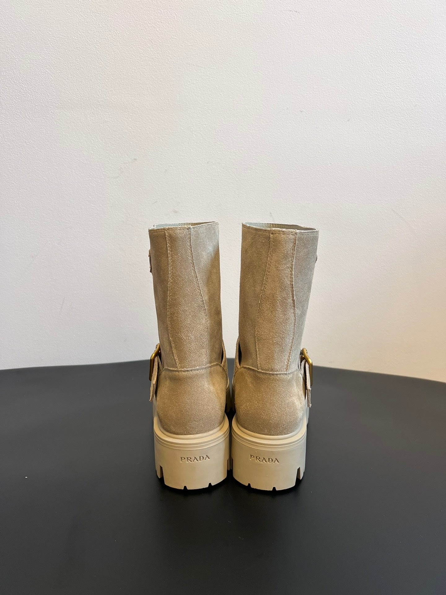 PRADA 25S PLATFORM ANKLE BOOTS IN BEIGE SUEDE WITH GOLD HARDWARE