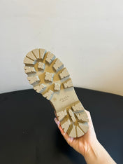 PRADA 25S PLATFORM ANKLE BOOTS IN BEIGE SUEDE WITH GOLD HARDWARE