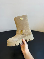 PRADA 25S PLATFORM ANKLE BOOTS IN BEIGE SUEDE WITH GOLD HARDWARE