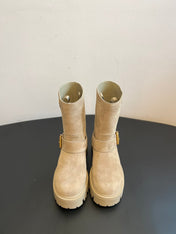 PRADA 25S PLATFORM ANKLE BOOTS IN BEIGE SUEDE WITH GOLD HARDWARE