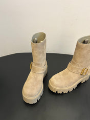 PRADA 25S PLATFORM ANKLE BOOTS IN BEIGE SUEDE WITH GOLD HARDWARE