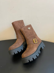 PRADA 25S PLATFORM ANKLE BOOTS IN BROWN SUEDE WITH GOLD HARDWARE