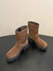 PRADA 25S PLATFORM ANKLE BOOTS IN BROWN SUEDE WITH GOLD HARDWARE