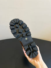 PRADA 25S PLATFORM ANKLE BOOTS IN BROWN SUEDE WITH GOLD HARDWARE