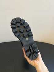 PRADA 25S PLATFORM ANKLE BOOTS IN BLACK CALFSKIN WITH SILVER HARDWARE