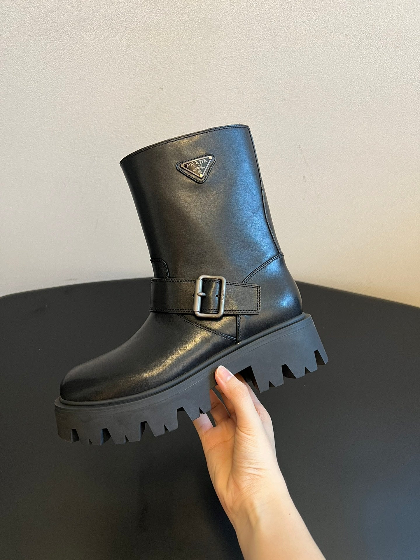 PRADA 25S PLATFORM ANKLE BOOTS IN BLACK CALFSKIN WITH SILVER HARDWARE