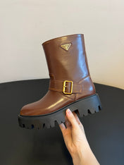 PRADA 25S PLATFORM ANKLE BOOTS IN BROWN CALFSKIN WITH GOLD HARDWARE