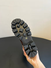 PRADA 25S PLATFORM ANKLE BOOTS IN BROWN CALFSKIN WITH GOLD HARDWARE