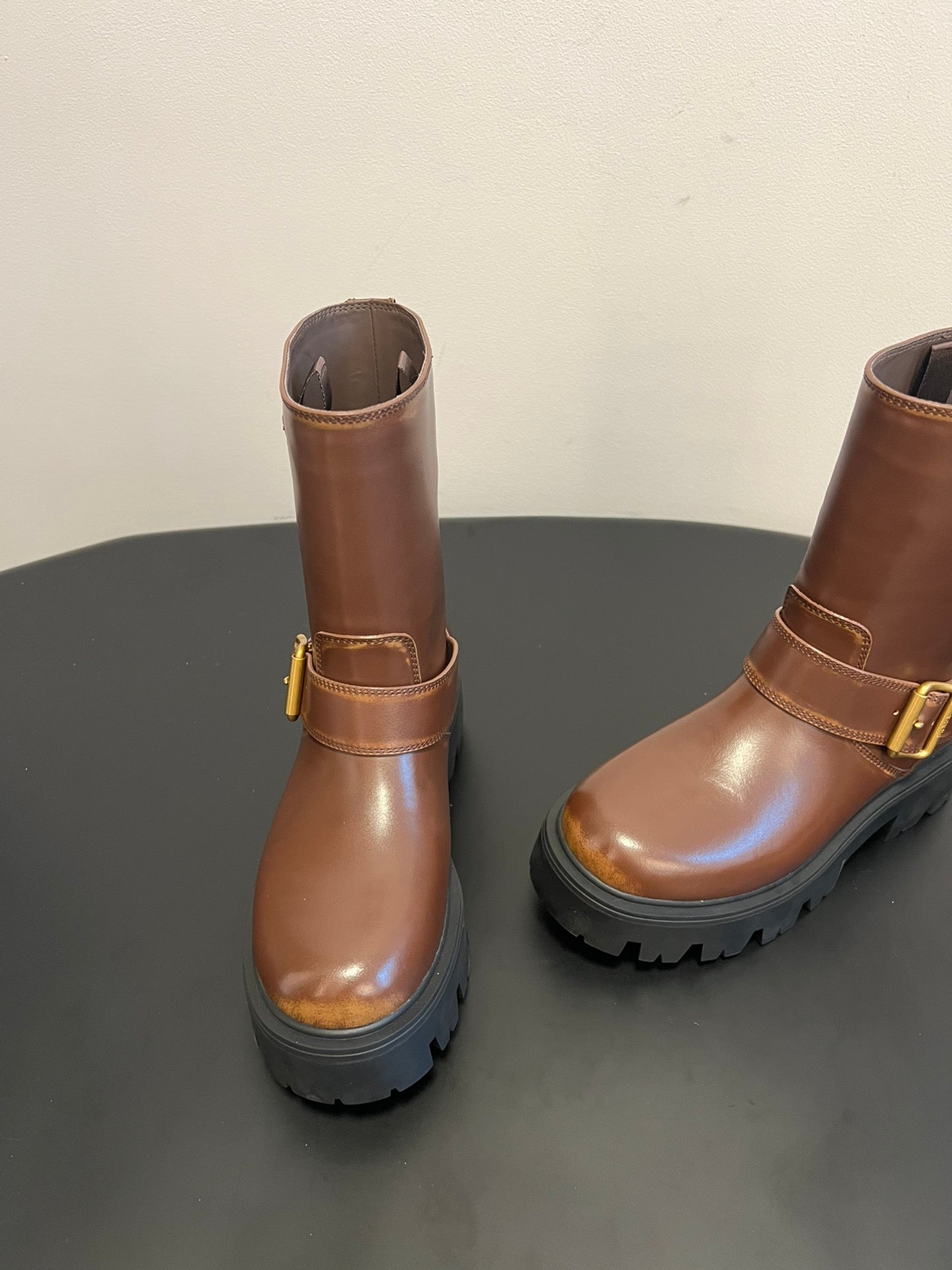 PRADA 25S PLATFORM ANKLE BOOTS IN BROWN CALFSKIN WITH GOLD HARDWARE