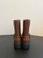 PRADA 25S PLATFORM ANKLE BOOTS IN BROWN CALFSKIN WITH GOLD HARDWARE