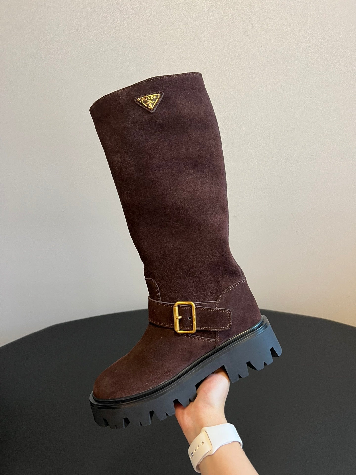 PRADA 25S HIGH-CUT PLATFORM BOOTS IN BROWN SUEDE WITH GOLD HARDWARE