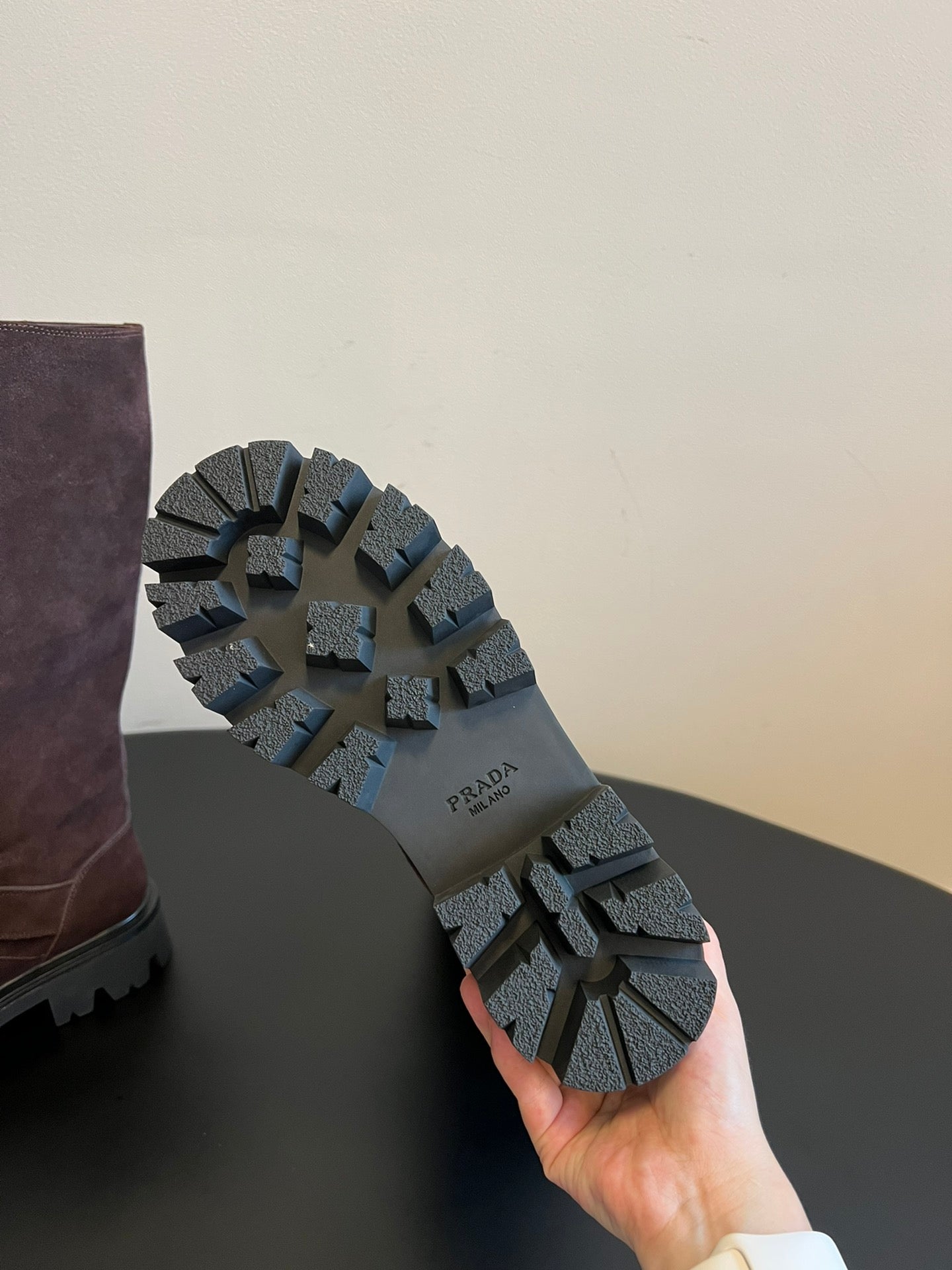 PRADA 25S HIGH-CUT PLATFORM BOOTS IN BROWN SUEDE WITH GOLD HARDWARE