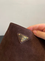 PRADA 25S HIGH-CUT PLATFORM BOOTS IN BROWN SUEDE WITH GOLD HARDWARE