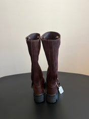 PRADA 25S HIGH-CUT PLATFORM BOOTS IN BROWN SUEDE WITH GOLD HARDWARE