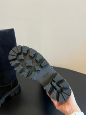 PRADA 25S HIGH-CUT PLATFORM BOOTS IN BLACK SUEDE WITH SILVER HARDWARE