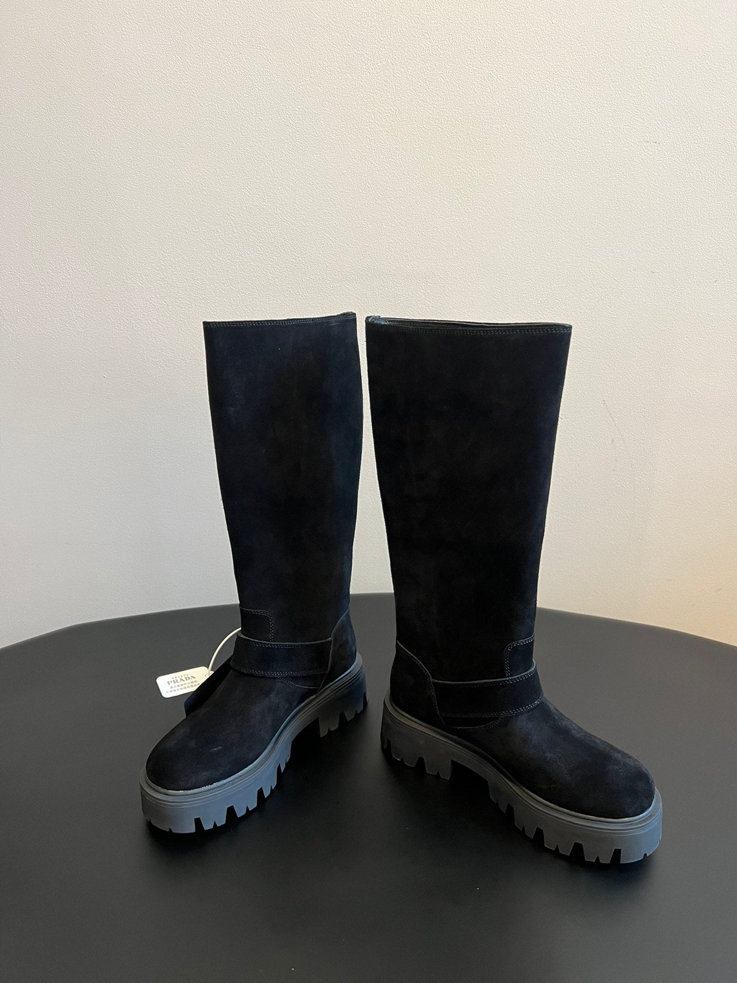 PRADA 25S HIGH-CUT PLATFORM BOOTS IN BLACK SUEDE WITH SILVER HARDWARE