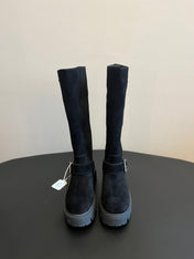 PRADA 25S HIGH-CUT PLATFORM BOOTS IN BLACK SUEDE WITH SILVER HARDWARE