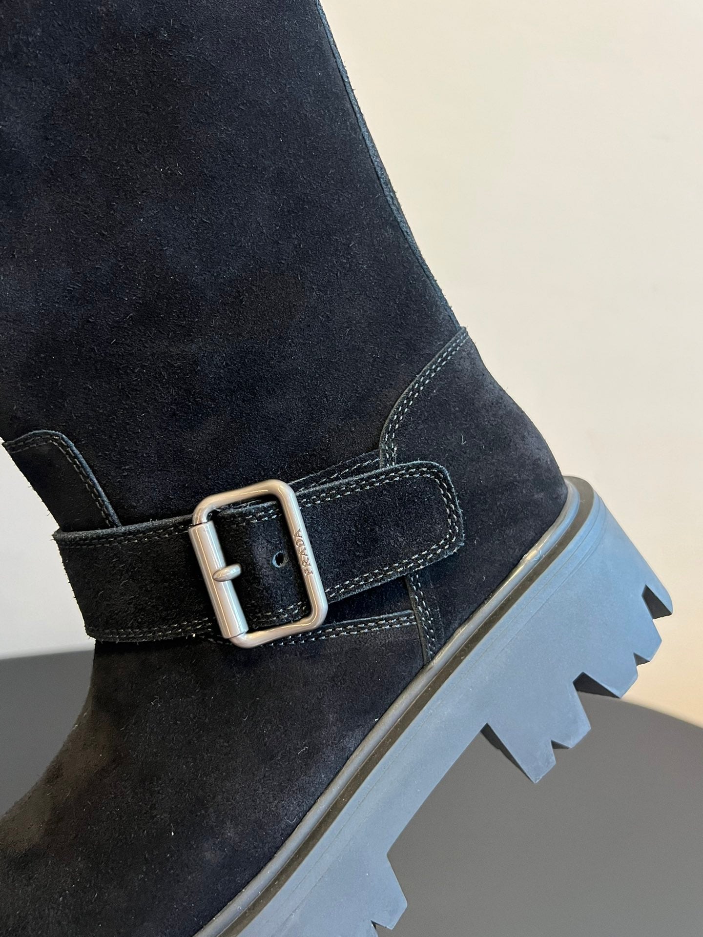 PRADA 25S HIGH-CUT PLATFORM BOOTS IN BLACK SUEDE WITH SILVER HARDWARE