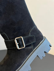 PRADA 25S HIGH-CUT PLATFORM BOOTS IN BLACK SUEDE WITH SILVER HARDWARE