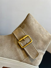 PRADA 25S HIGH-CUT PLATFORM BOOTS IN DARK BEIGE SUEDE WITH GOLD HARDWARE