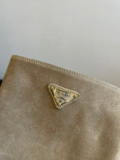 PRADA 25S HIGH-CUT PLATFORM BOOTS IN DARK BEIGE SUEDE WITH GOLD HARDWARE