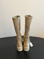 PRADA 25S HIGH-CUT PLATFORM BOOTS IN DARK BEIGE SUEDE WITH GOLD HARDWARE