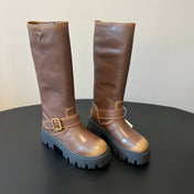 PRADA 25S HIGH-CUT PLATFORM BOOTS IN BROWN CALFSKIN WITH GOLD HARDWARE