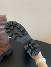 PRADA 25S HIGH-CUT PLATFORM BOOTS IN BROWN CALFSKIN WITH GOLD HARDWARE
