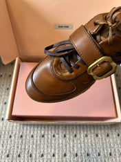 MIUMIU 26S GYMNASIUM SNEAKER IN COGNAC BROWN CALFSKIN WITH GOLD BUCKLED STRAP