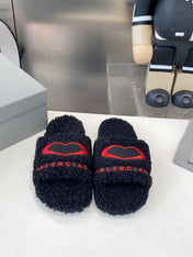 BALENCIAGA 25S FLAT SLIPPERS IN BLACK MIX RED WOOL