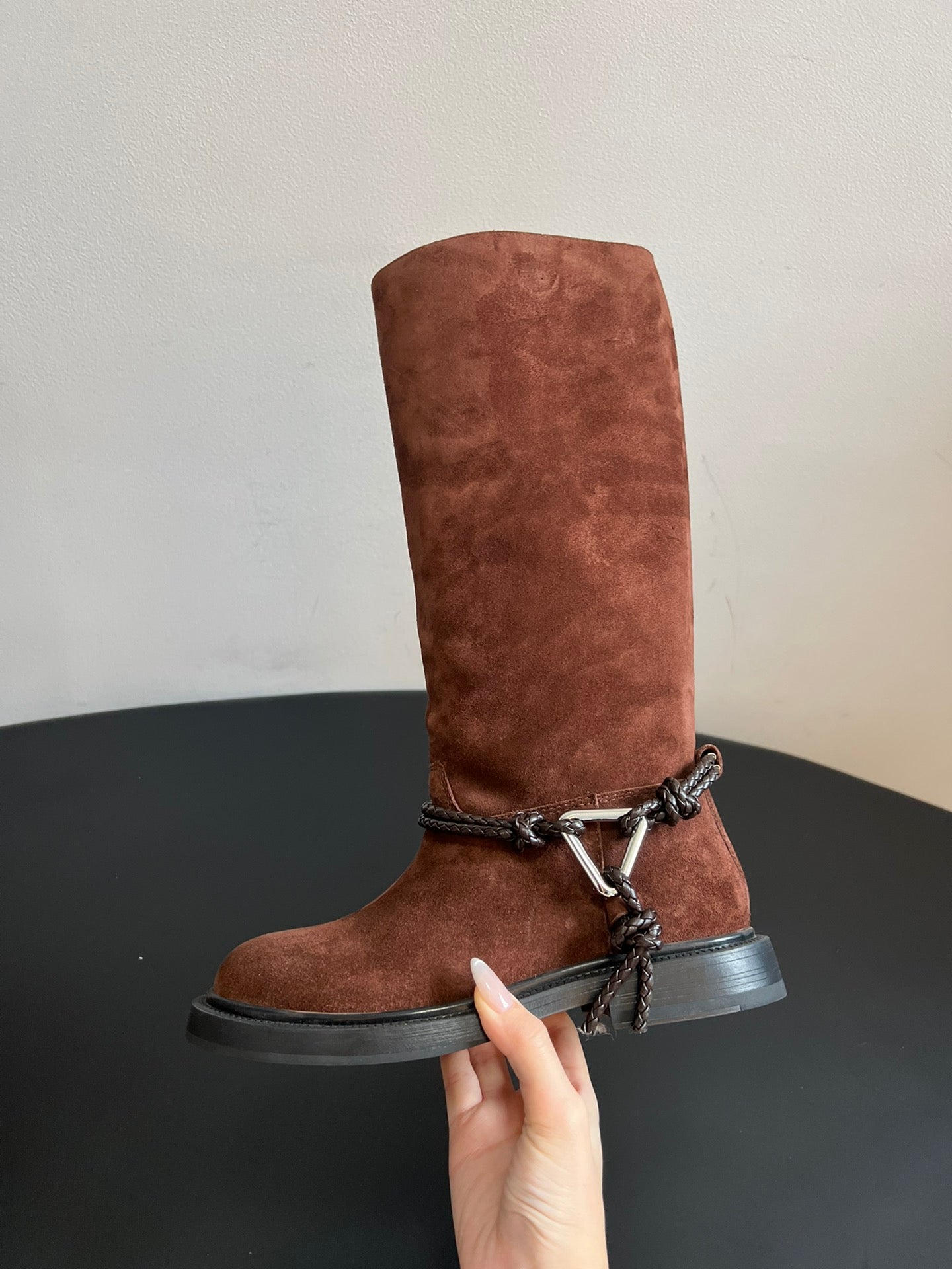 BOTTEGA VENETA 26S TALL BOOTS IN BROWN SUEDE