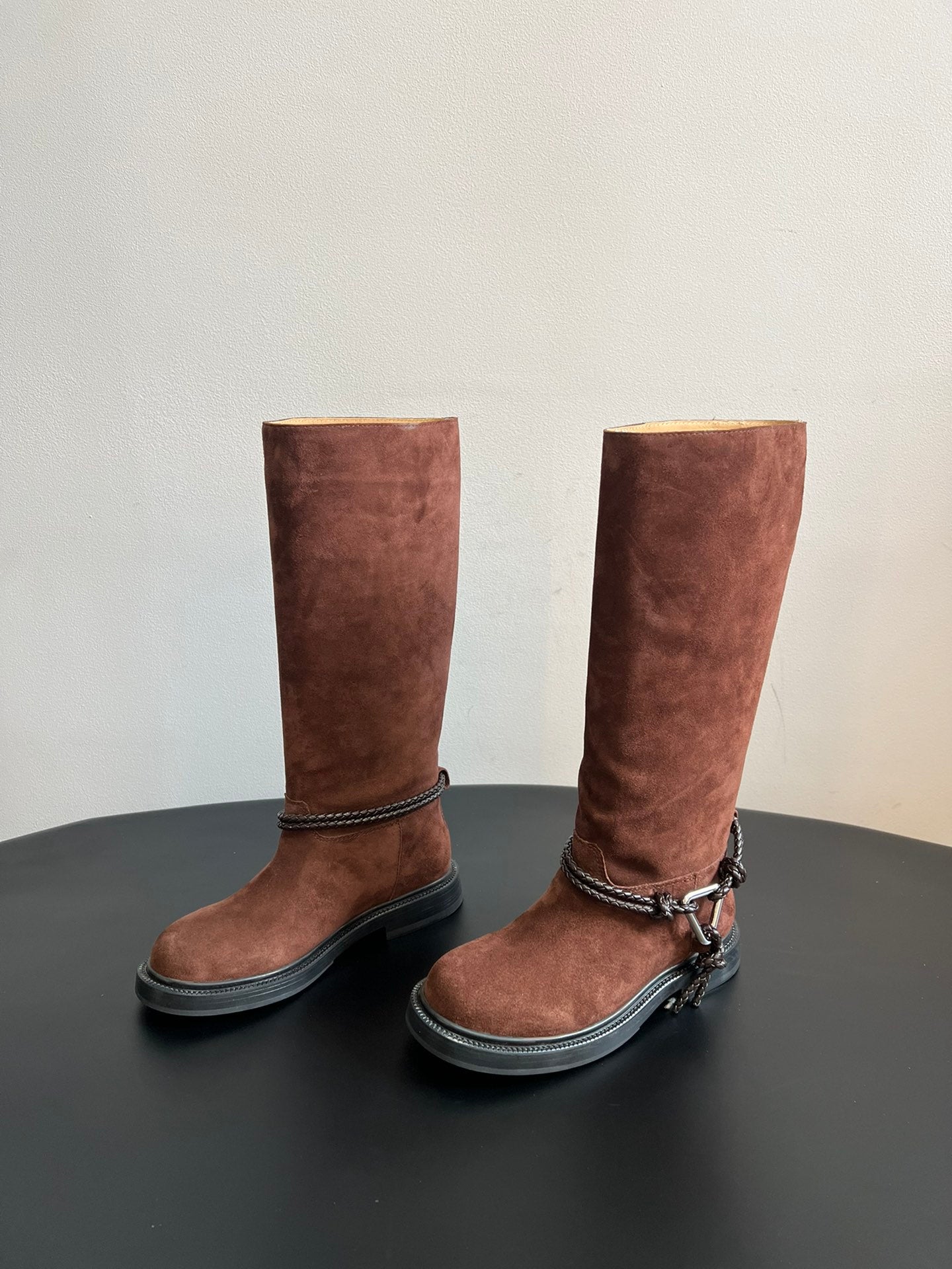 BOTTEGA VENETA 26S TALL BOOTS IN BROWN SUEDE