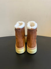 PRADA 25S PLATFORM ANKLE BOOTS 40 MM IN BROWN SUEDE SHEARLING-LINED