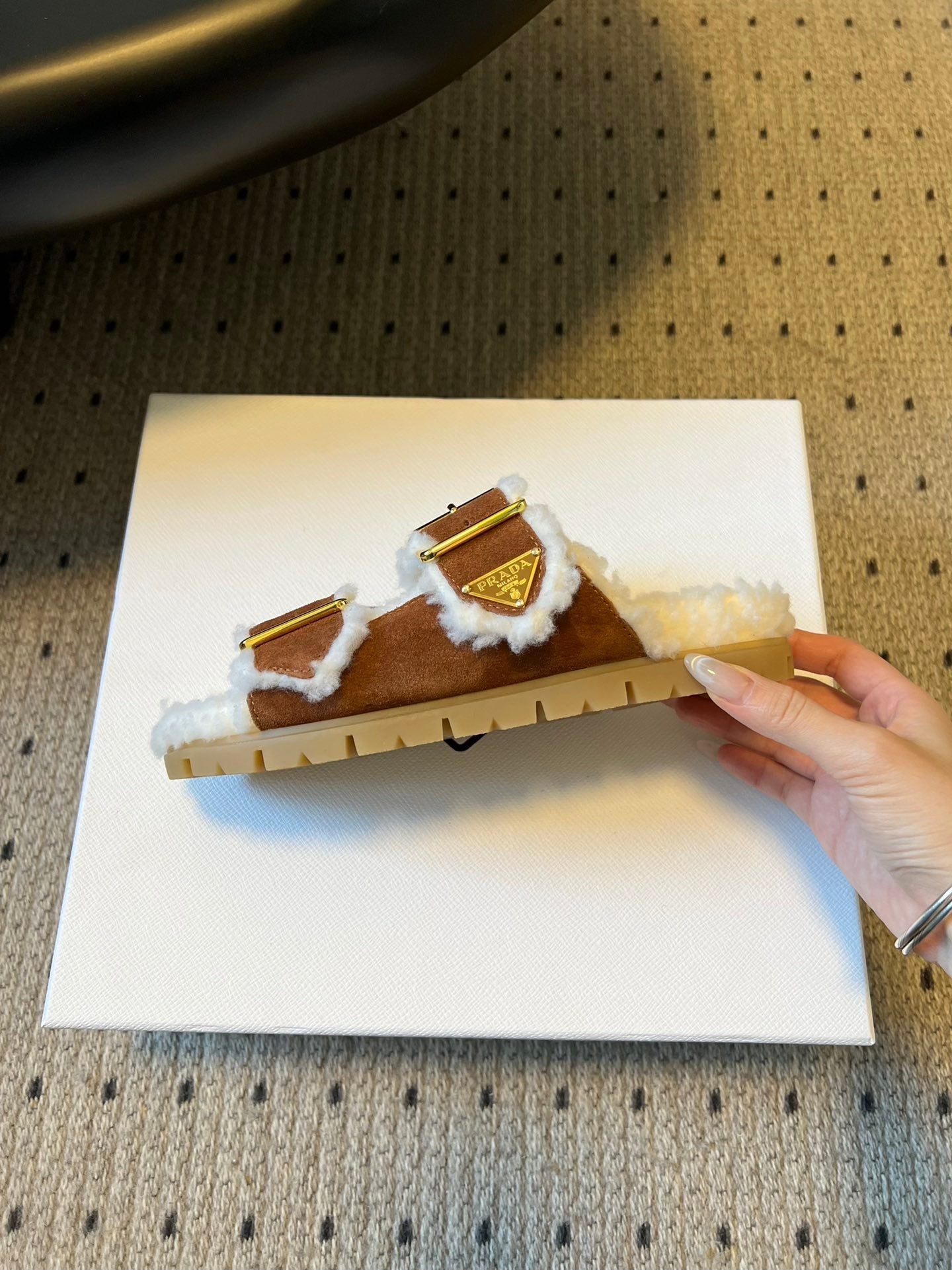 PRADA 25S TWO-STRAP SANDALS IN BROWN SUEDE AND WHITE SHEARLING WITH GOLD HARDWARE