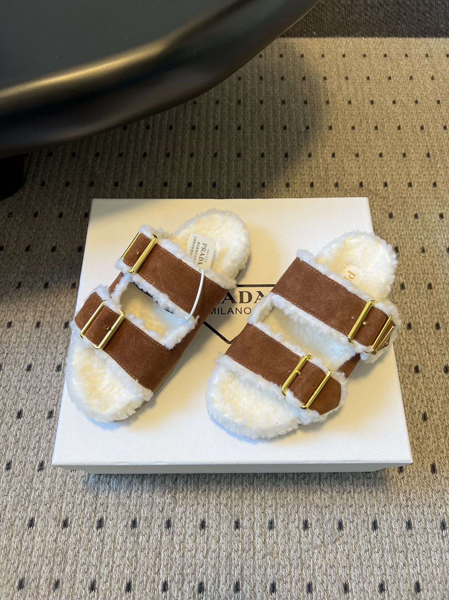 PRADA 25S TWO-STRAP SANDALS IN BROWN SUEDE AND WHITE SHEARLING WITH GOLD HARDWARE