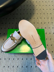 BOTTEGA VENETA 26S LOAFERS IN LIGHT BEIGE SUEDE WITH GOLD HARDWARE