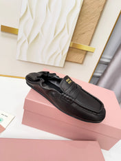 MIUMIU 26S RUCHES LOAFERS IN BLACK LAMBSKIN