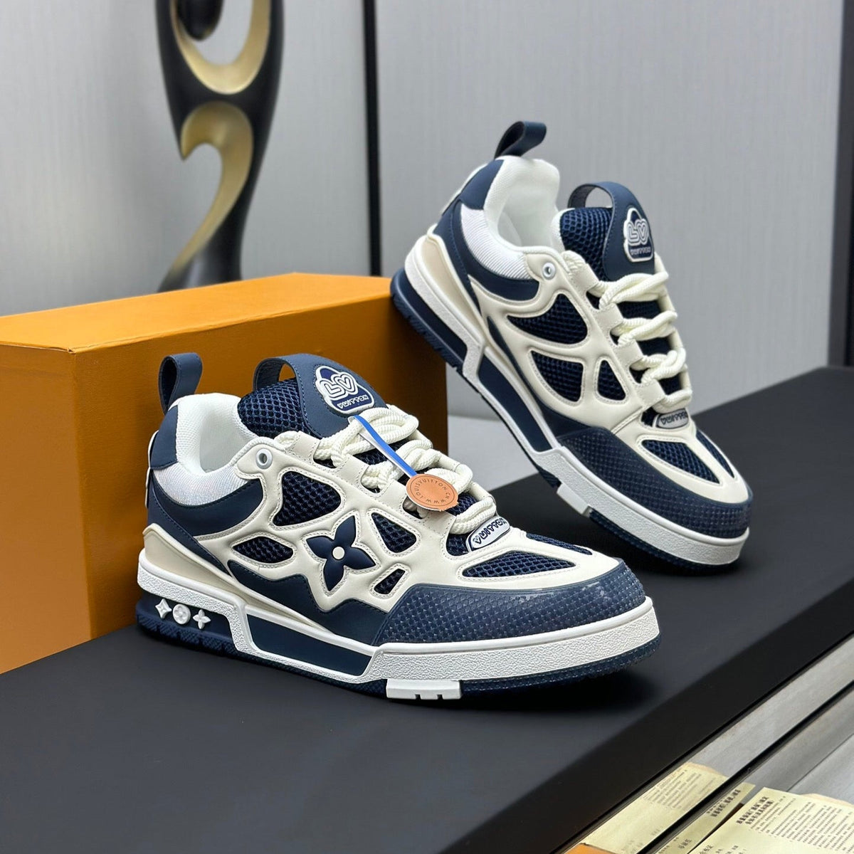 LV SKATE SNEAKER IN WHITE MIX NAVY BLUE CALFSKIN