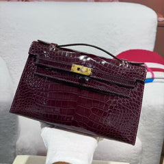 HM KELLY MINI 22 BORDEAUX RED AMERICAN ALLIGATOR GOLD BUCKLE