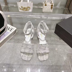 CC HIGH-HEELED SANDALS IN BLACK AND WHITE TWEED