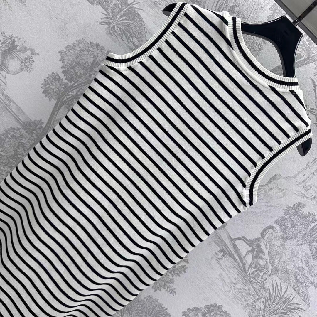 Triomphe Striped Mini Dress Black White Crocheted Cotton