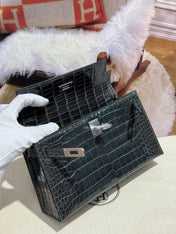 HM KELLY MINI 22 IN BLACK AMERICAN ALLIGATOR SILVER BUCKLE